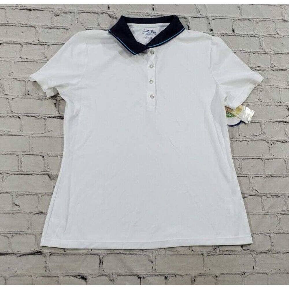 Coral Bay White Blue Golf Polo Shirt Stretch Poly Spandex WOMENS SIZE SMALL